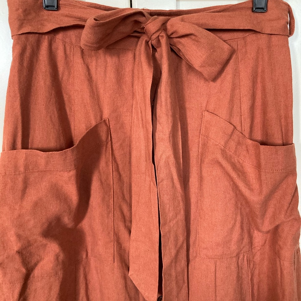 Terra Cotta Linen Button-up Midi Skirt with Ties